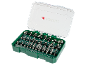 Router bit set in a green case with various bits and specifications like 90°, 60°, 14°.