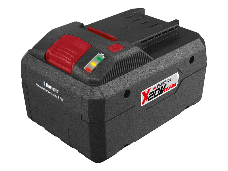 Black power tool battery with red buttons and a charge indicator.