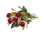 Bouquet of red roses and white gypsophila flowers on a black background.