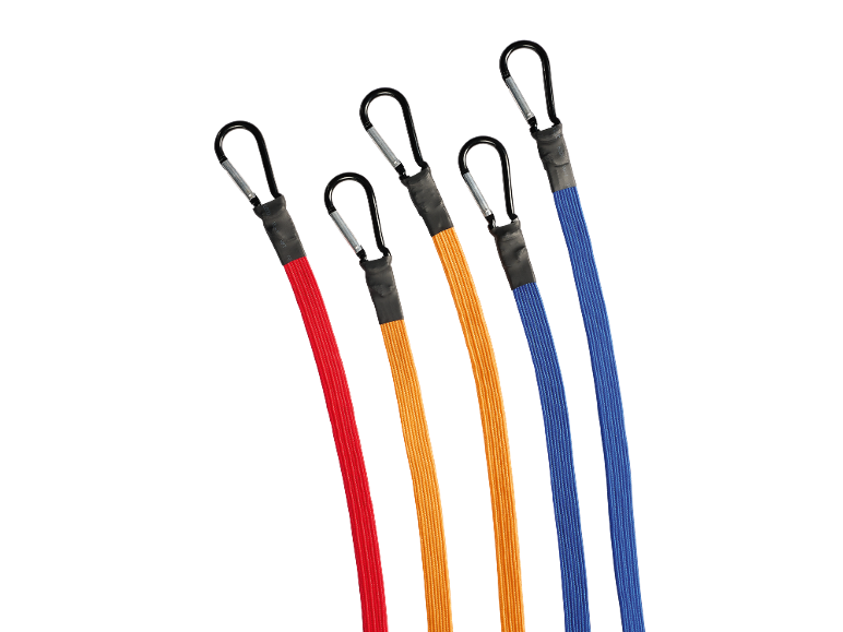 Five colorful bungee cords with carabiners in red, orange, and blue.