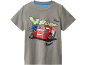 Grey t-shirt with red race car print and 'VROOM! KA-CHOW! BRMM!' text