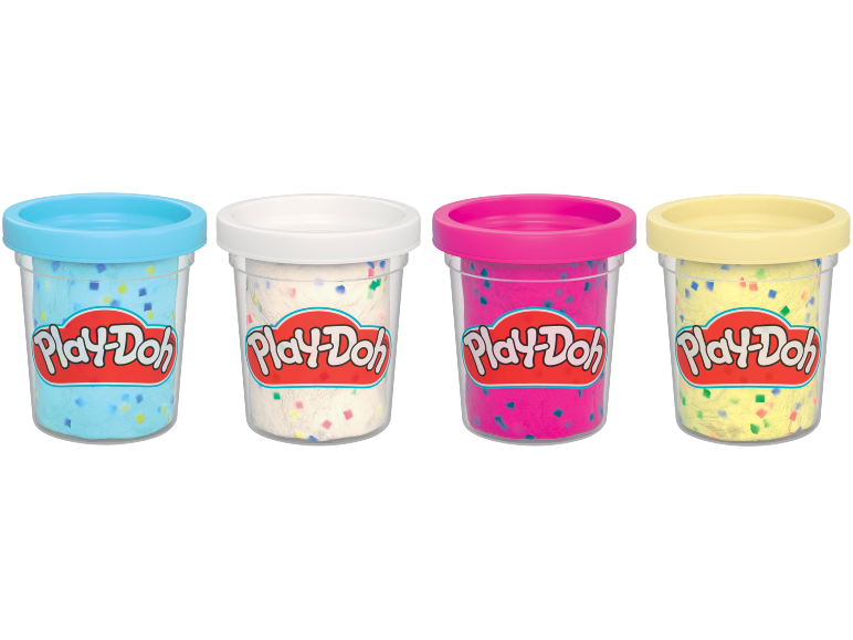 Four containers of colorful modeling compound with confetti.