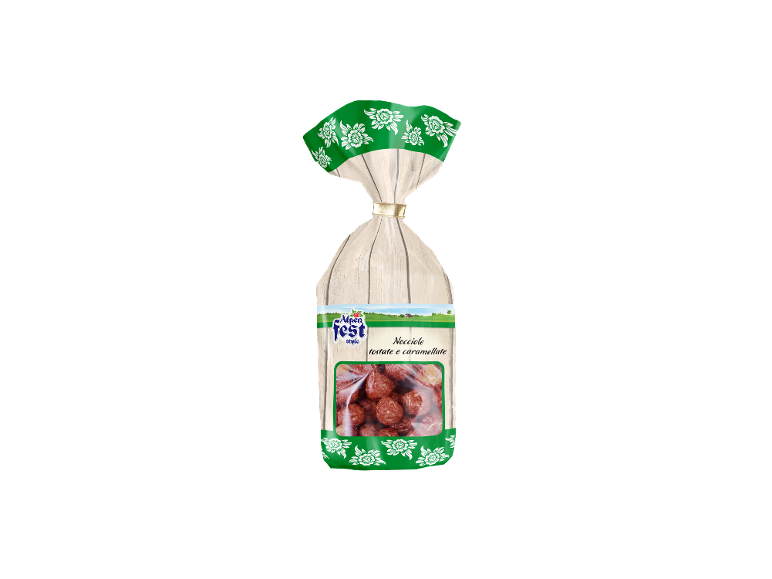 Packaging of roasted and caramelized hazelnuts in an alpine style.