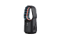 Black bladeless fan with red and blue light accents, featuring power and light controls.