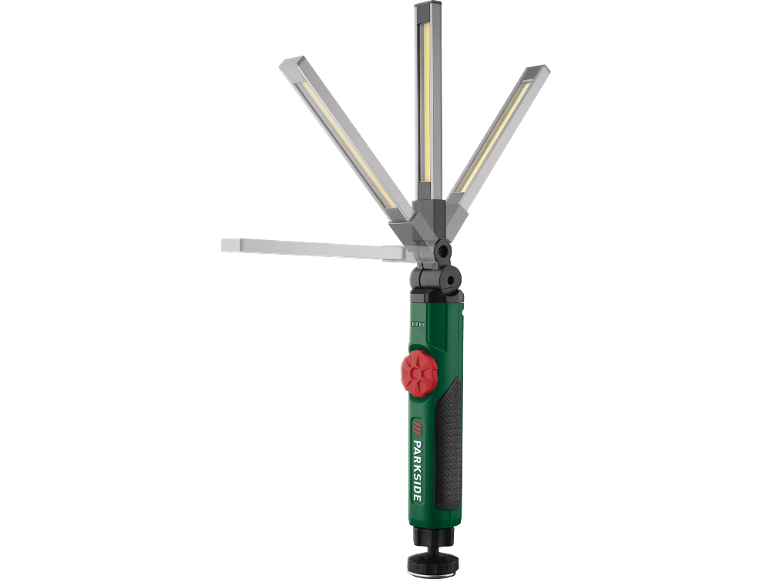 Multifunctional LED work light with adjustable heads and magnetic base.