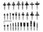 Set of 35 router bits for wood with various profiles and an Allen key.