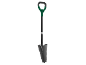Green and black gardening shovel with D-handle and serrated edge.