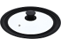 Round glass pot lid with a black silicone rim and a black knob handle