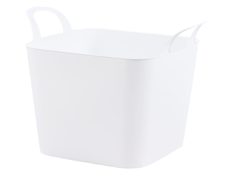 White flexible plastic storage basket with handles
