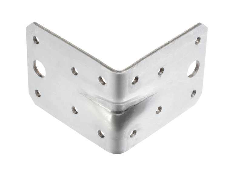 Silver metal corner bracket with multiple screw holes on a black background.