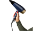 Blue and gold hairdryer with buttons, held by a hand with red nails.