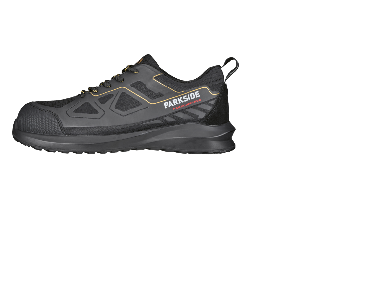 Black work shoe with yellow details and a robust sole.