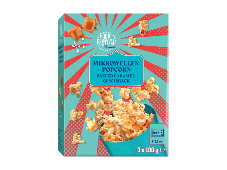 Box of microwave popcorn with salted caramel flavor, 3x100g, 800W, 3-3.5 min.