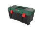 Green and black toolbox with red clasps and clear lids.