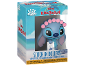 Vinyl figure of Stitch in rollers, holding a drawing, in a beach-themed box.