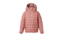 Pink puffer jacket with a floral print lining in the hood.