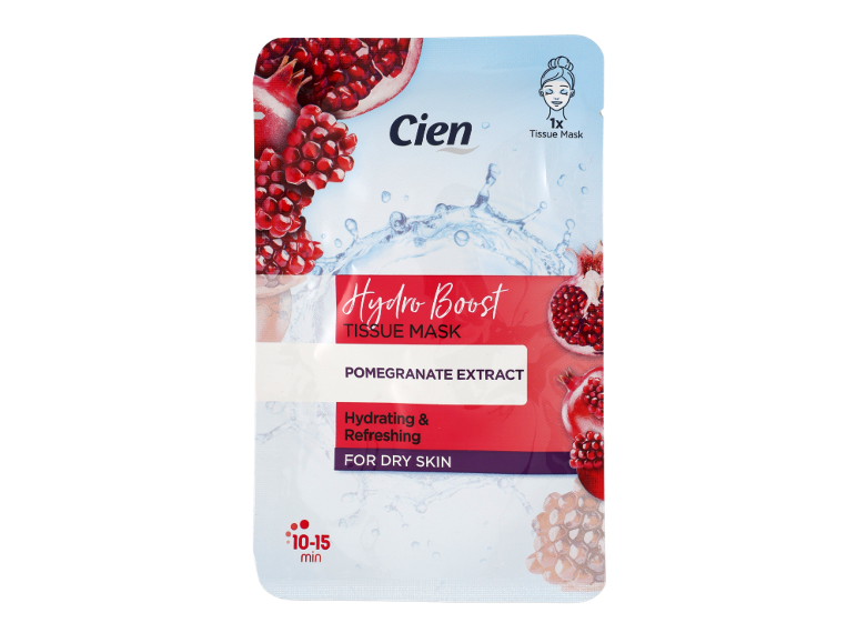 Hydro Boost tissue mask with pomegranate extract, hydrating and refreshing for dry skin.