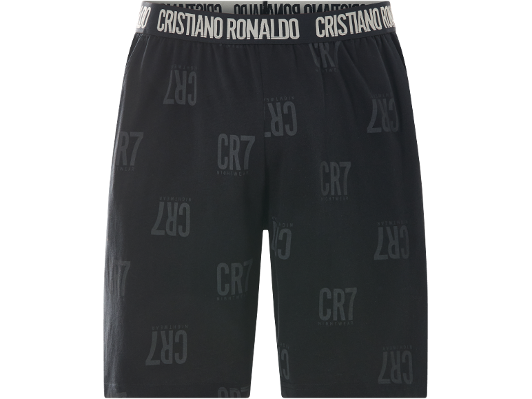 Black pajama shorts with CR7 print and footballer's name on the waistband.
