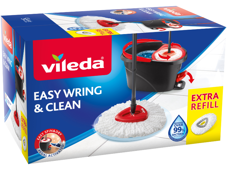 Box for a spin mop and bucket set, with an extra refill, highlighting easy wringing.