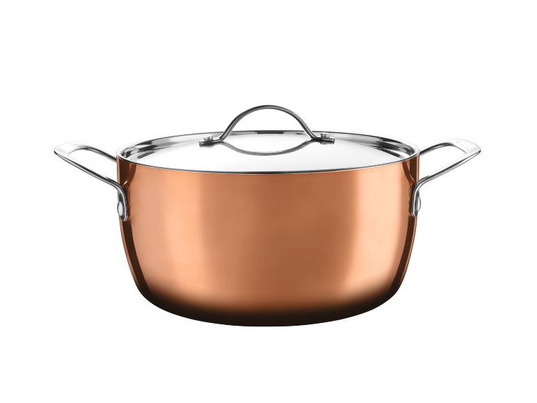 Copper pot with a glass lid and metal handles