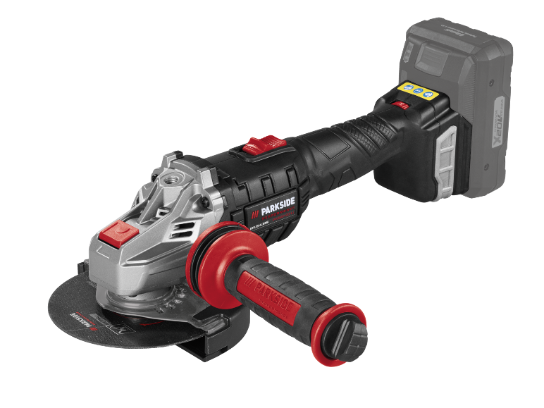 A cordless angle grinder with a cutting disc and a side handle.