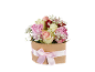 Bouquet of assorted colored roses with baby's breath in a cardboard box with a pink ribbon.