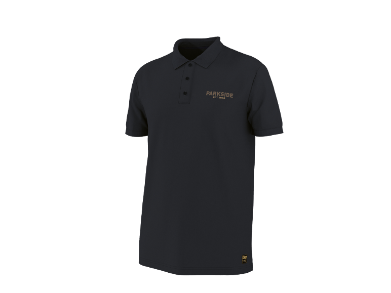 Black short-sleeved polo shirt with a gold logo
