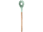 Kitchen spaghetti spatula with a wooden handle and a mint green silicone head.