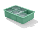 Green ice cube tray with a white lid, filled with ice cubes.