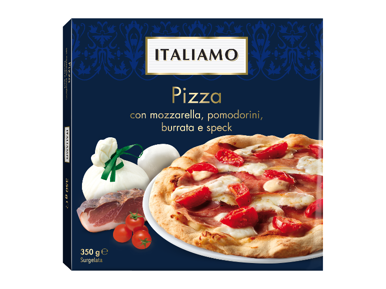 Frozen pizza with mozzarella, cherry tomatoes, burrata, and speck, 350g.