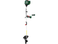 Petrol brush cutter in green and silver with a black blade.