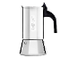 Stainless steel moka pot with a black handle.