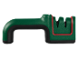 Green knife sharpener with a black handle and red accents.
