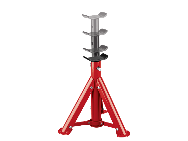 Red adjustable three-legged pipe stand with a grey holder