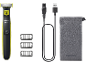 Electric shaver with replacement blades, USB charging cable, and travel pouch.