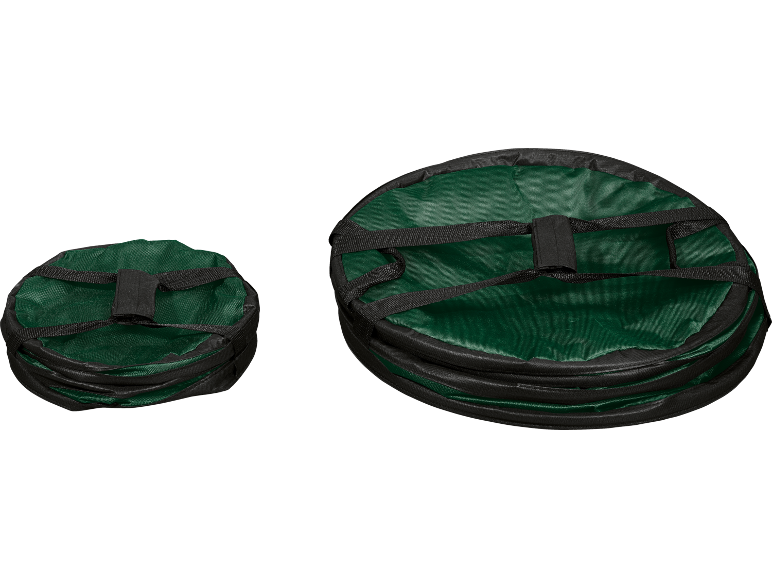 Two green and black collapsible garden baskets in different sizes.