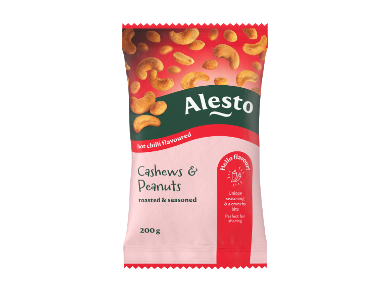 Bag of cashews and peanuts, roasted and seasoned, with hot chili flavor.
