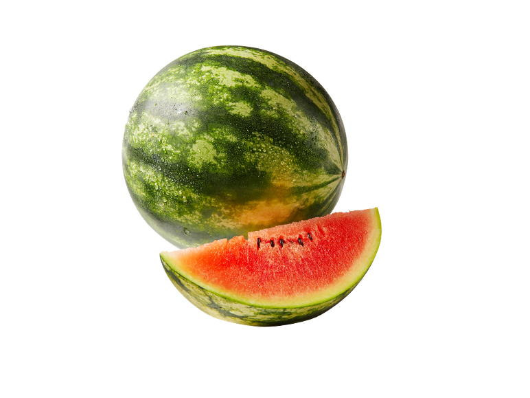 A whole watermelon and a slice of watermelon with red flesh and seeds on a black background.