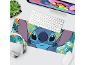Desk setup with a Stitch-themed mouse pad, keyboard, mouse, headphones, and a monitor.