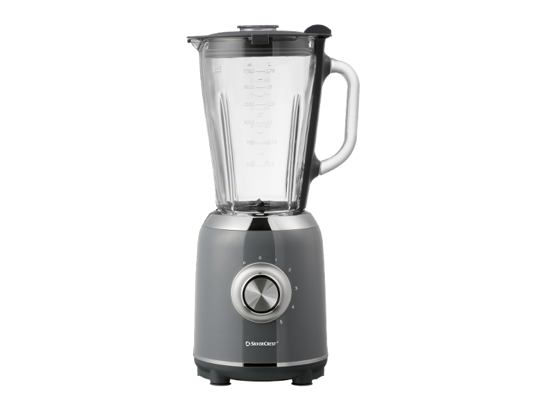 Grey blender with a glass jug, control knob, and measuring scale.
