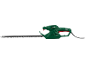 Green electric hedge trimmer with a black blade and red accents.