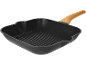Black square grill pan with a wooden handle.