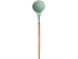 Ladle with a mint green silicone head and a wooden handle.