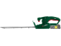 Green electric hedge trimmer with battery, long cutting blade, and ergonomic handle.