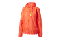 Orange running jacket with a hood and a yellow zipper.
