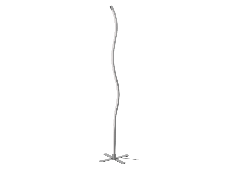 Floor lamp with a curved LED strip and a cross-shaped base.