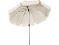 Cream-colored patio umbrella with a dark pole and frame, open and ready for use.