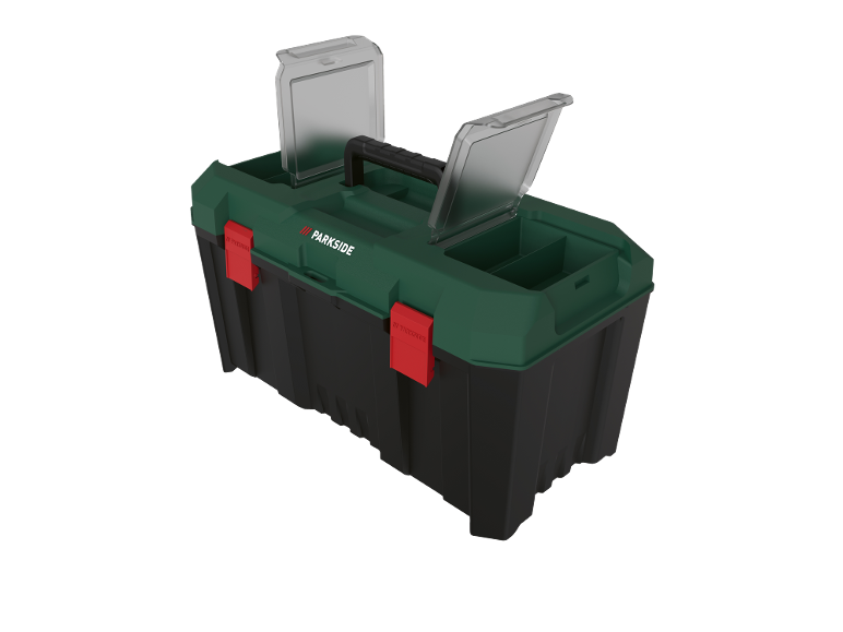 Green and black toolbox with red latches and clear lids.