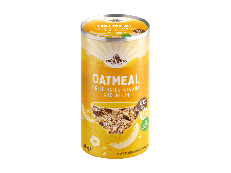 Oatmeal with dried dates, banana, and inulin, 450g, no added sugars.