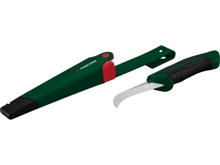 Green gardening knife with a curved blade and black handle, complete with a green sheath.